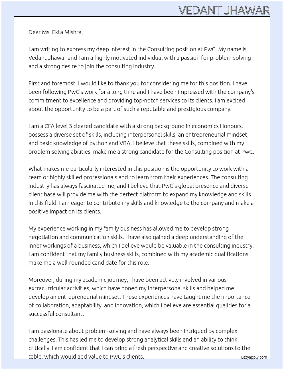 Consulting  At PwC Cover Letter