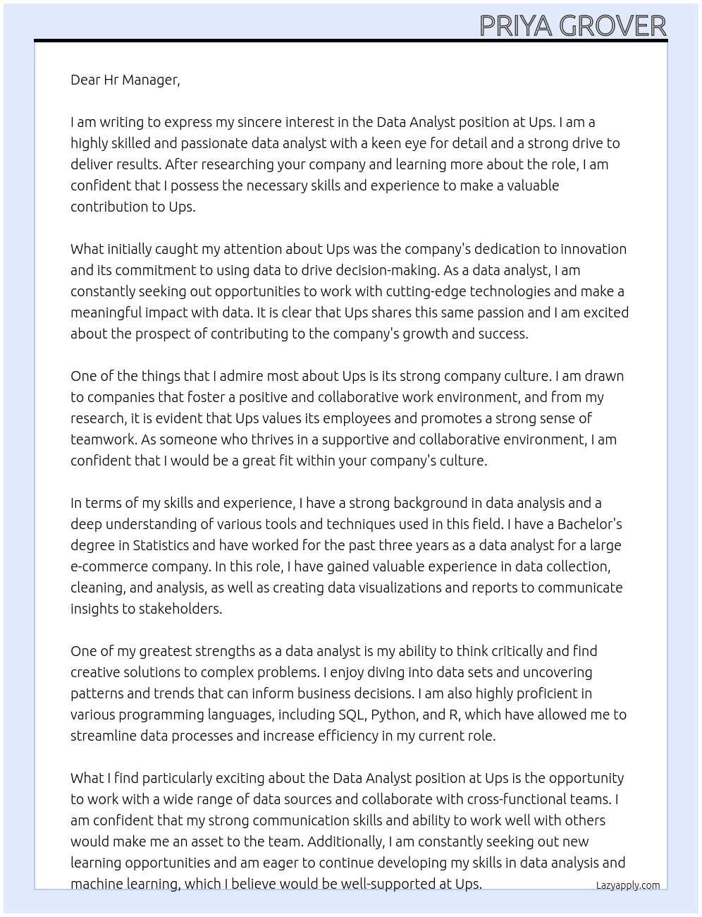 data analyst At Ups Cover Letter