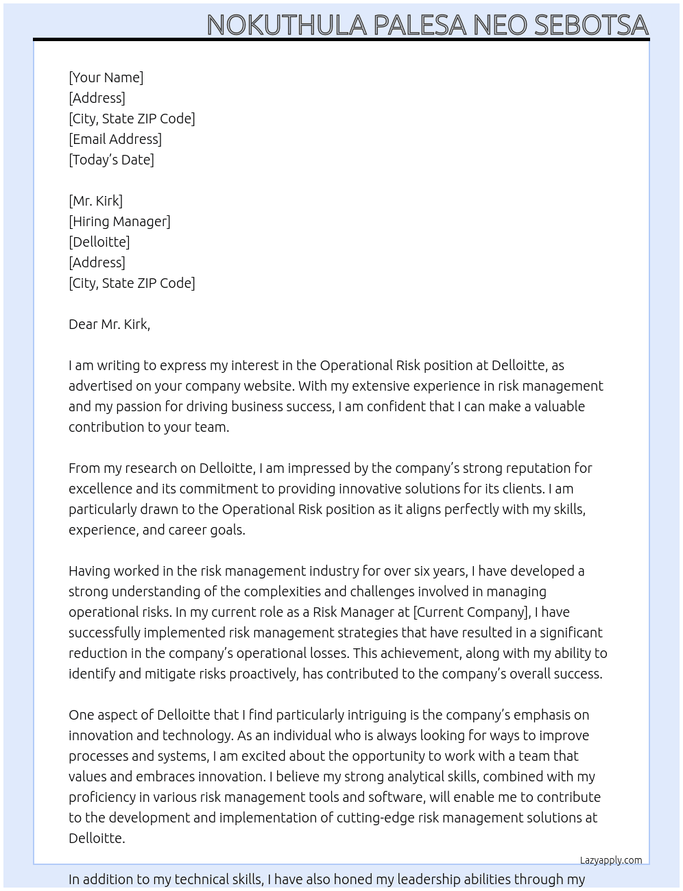 Operational risk At Delloitte  Cover Letter