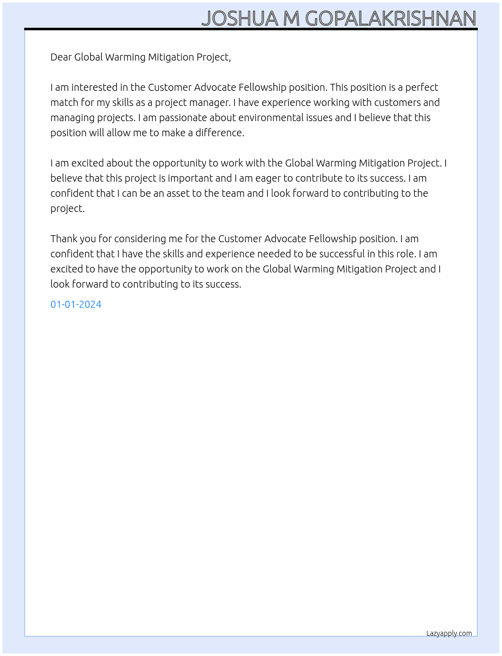 Customer Advocate Fellowship At Global Warming Mitigation Project Cover Letter