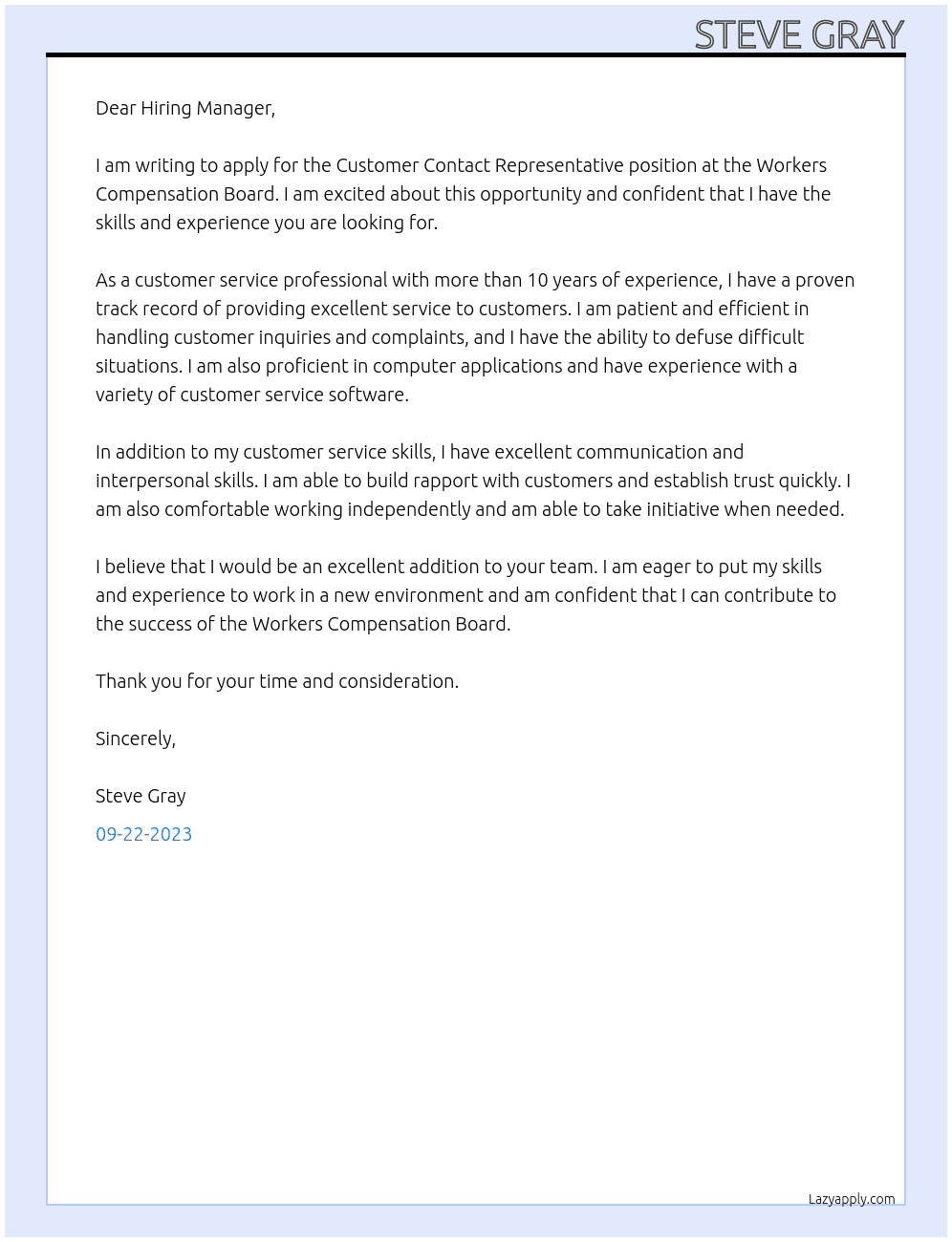 Customer Contact Representative At Workers Compensation Board Cover Letter