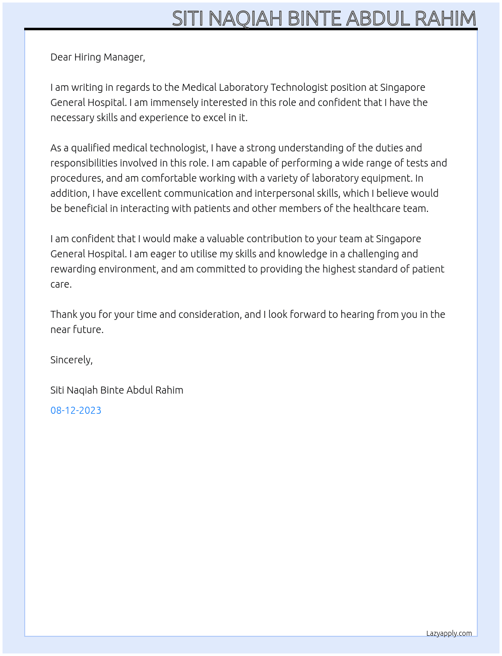 Medical Laboratory Technologist At Singapore General Hospital Cover Letter
