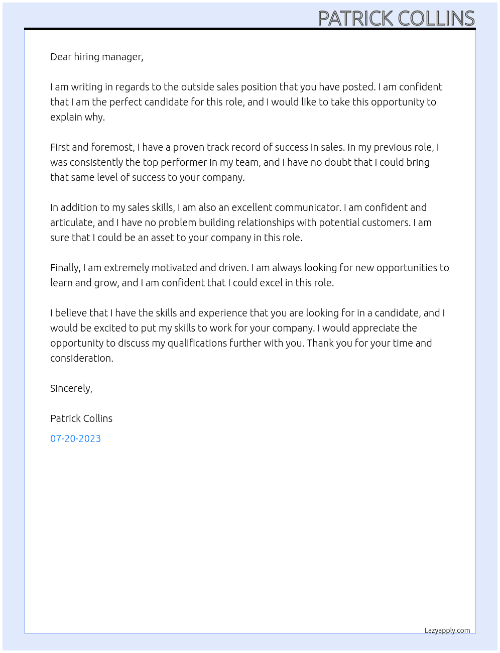 Outside Sales At Patrick Collins Cover Letter