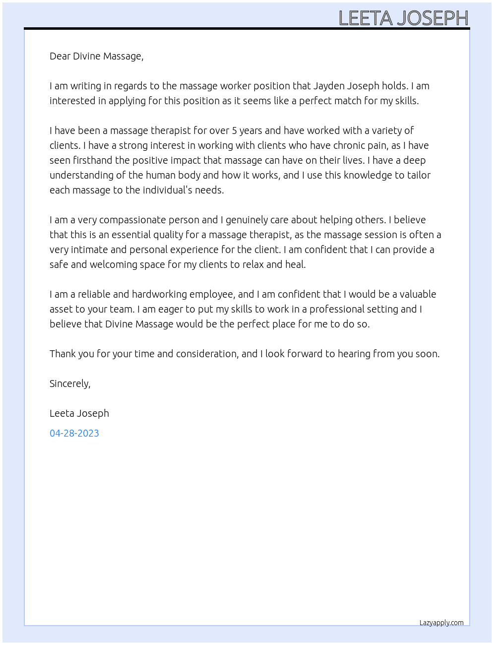 Massage worker At Divine Massage Cover Letter