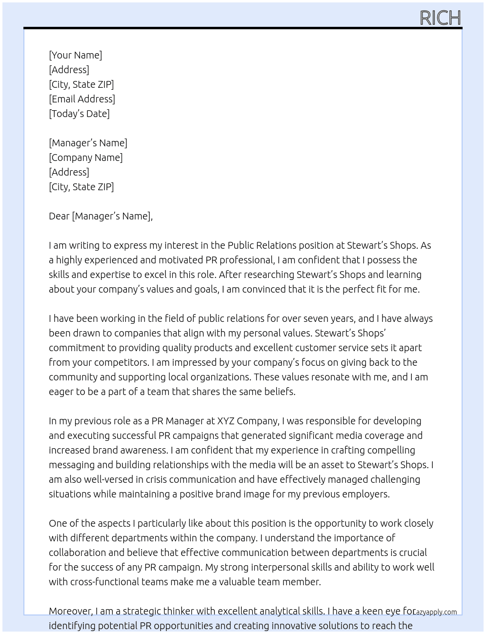 Public Relations At Stewart's Shops Cover Letter