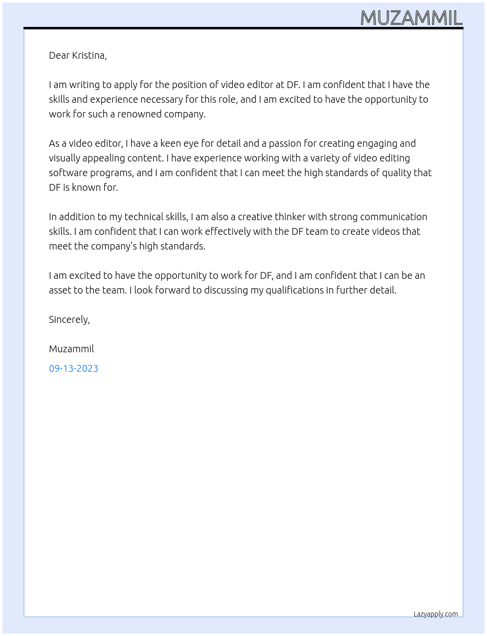 video editor At df Cover Letter