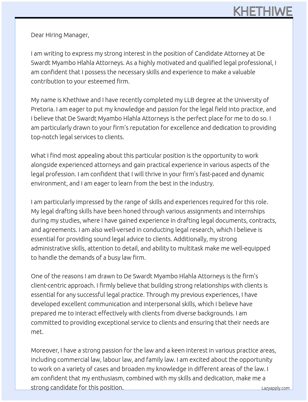 Candidate Attorney  At De Swardt Myambo Hlahla Attorneys  Cover Letter