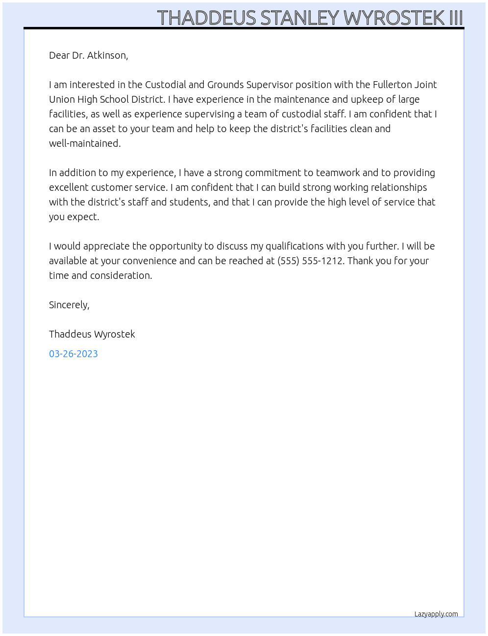 Custodial and Grounds Supervisor At Fullerton Joint Union High School District Cover Letter
