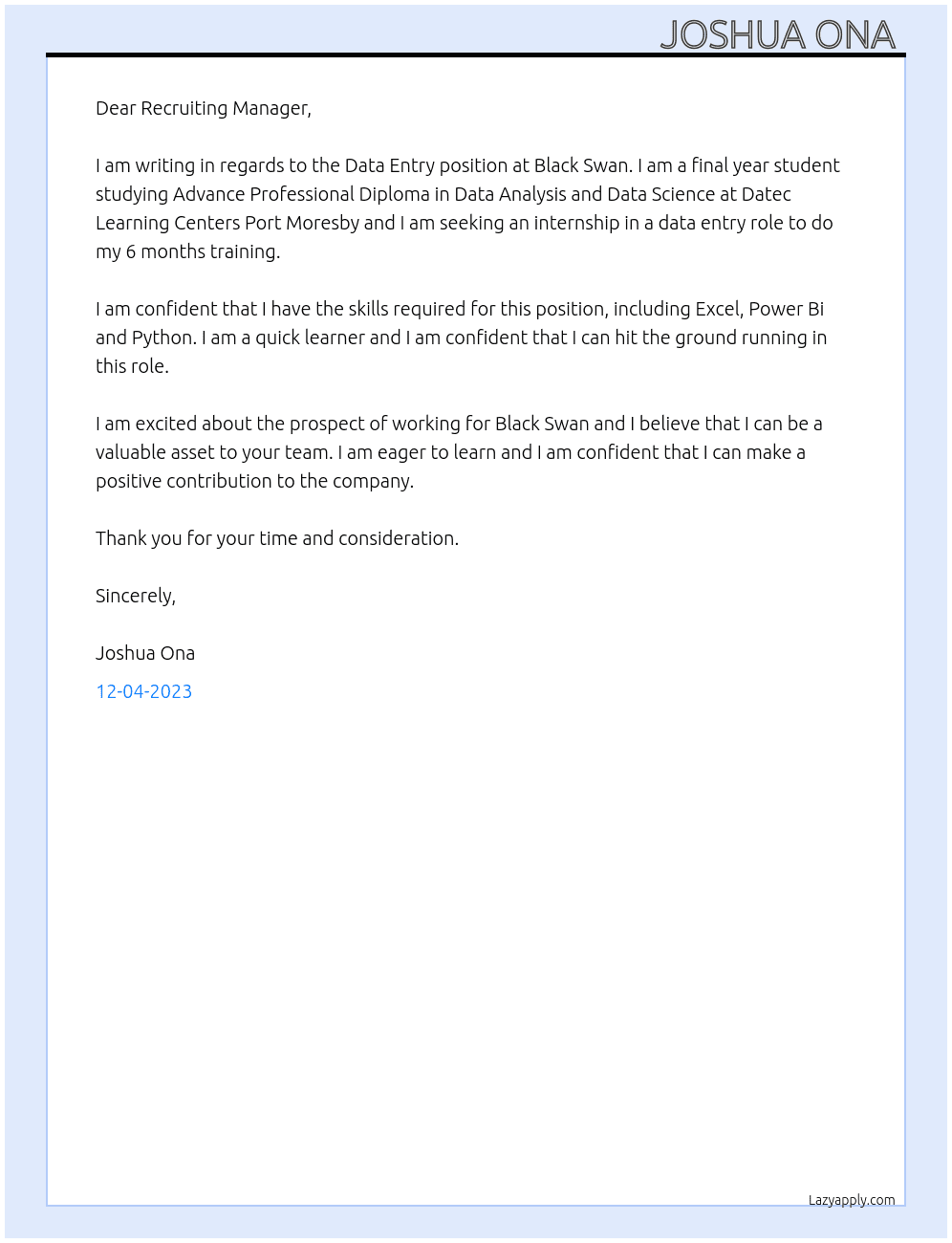 Data Entry  At Black Swan Cover Letter