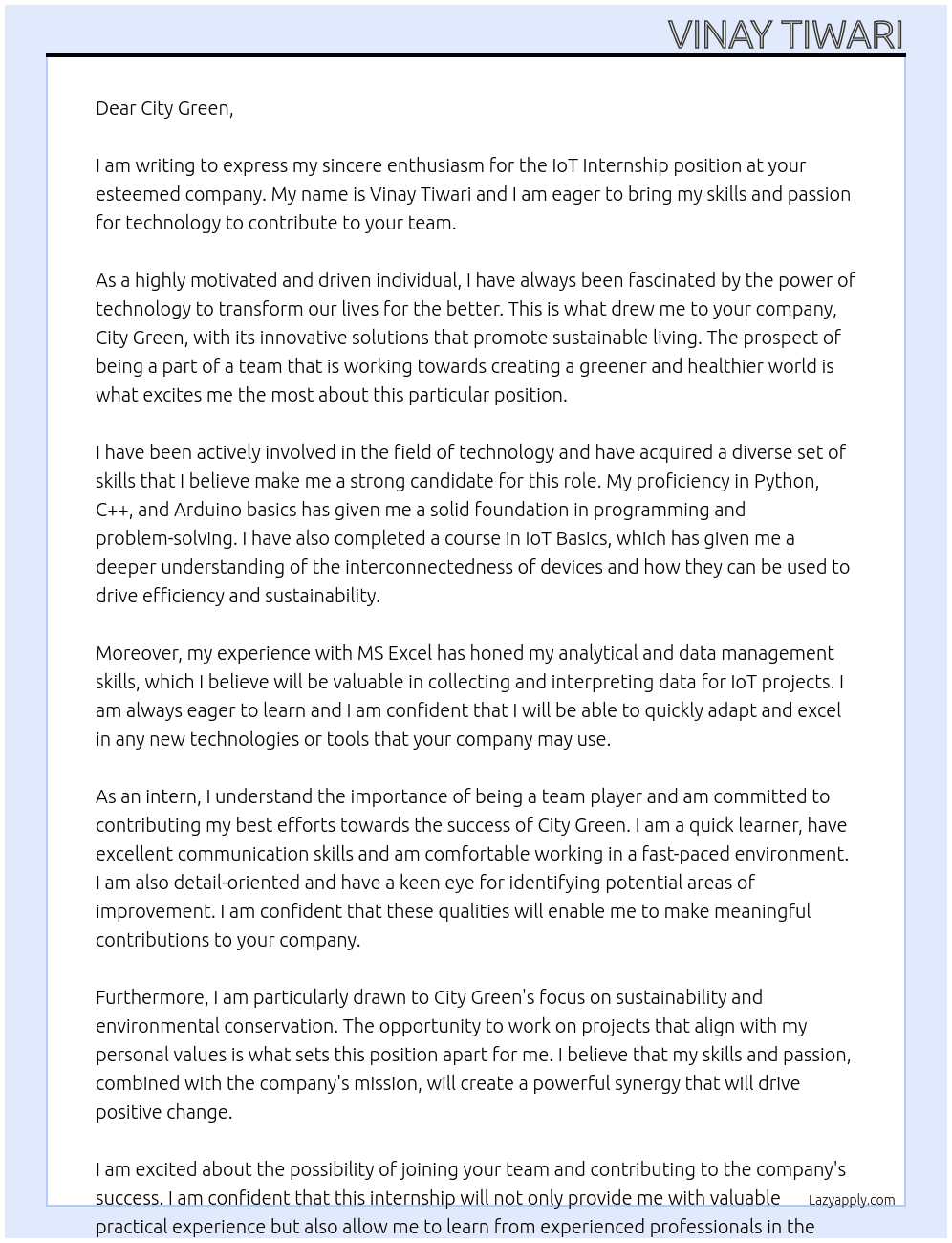 Iot intership  At City green  Cover Letter