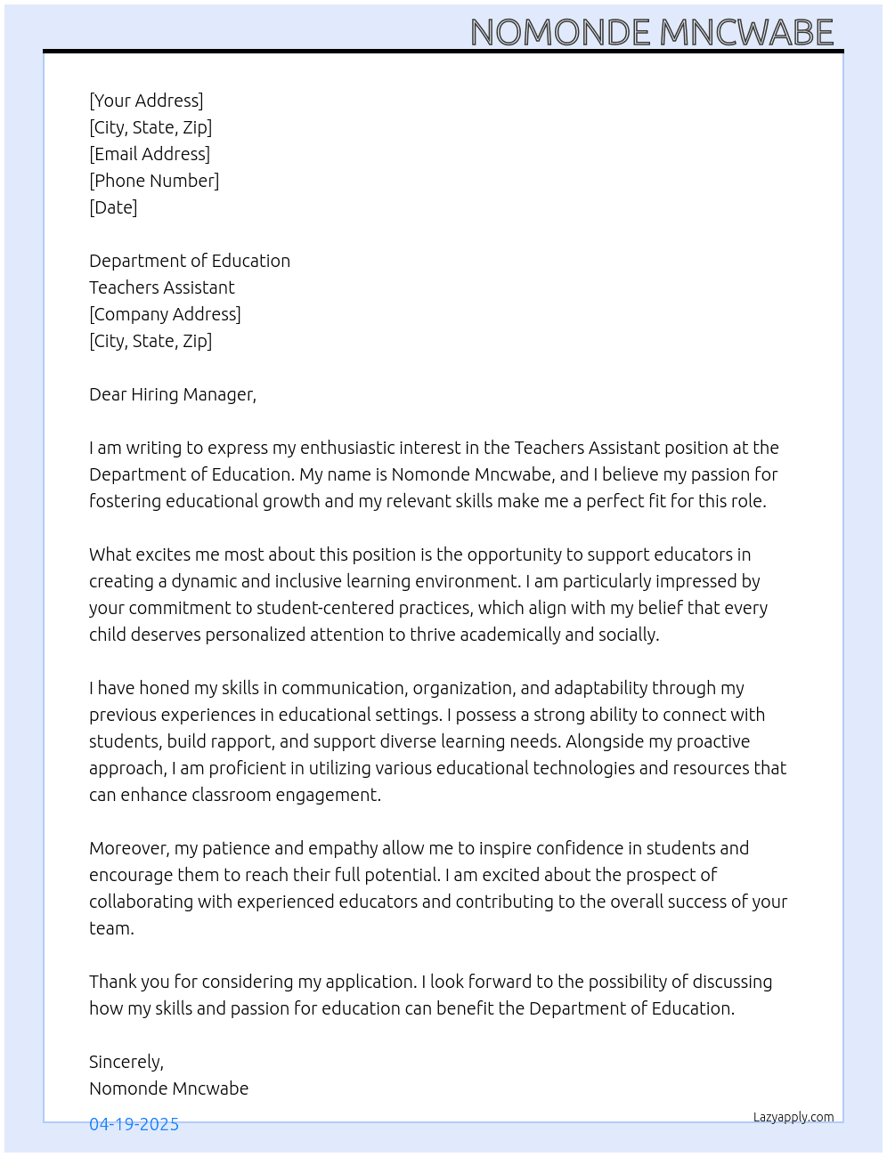 Teachers Assistant  At Teachers Assistant  Cover Letter