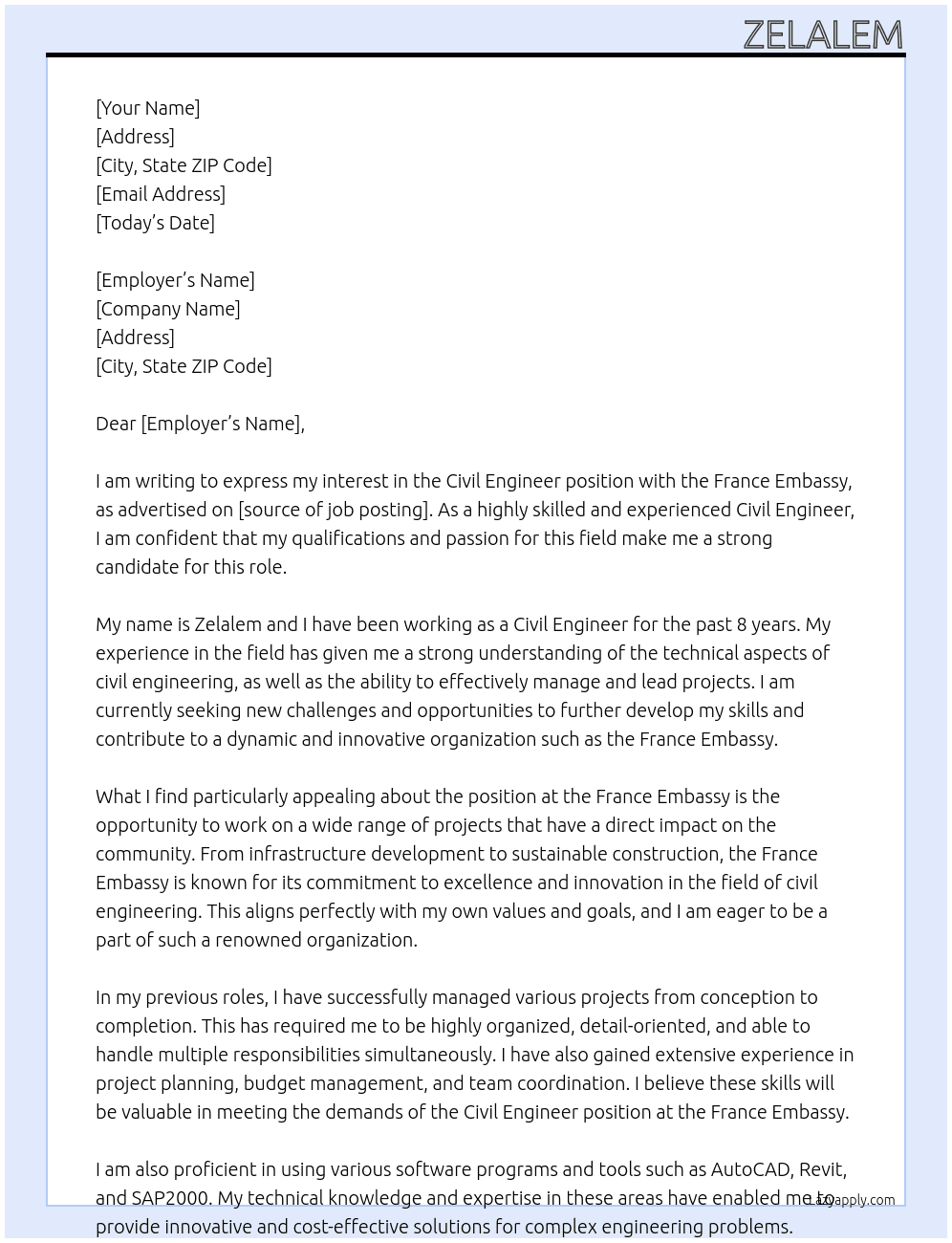 civil engineer At France embassy Cover Letter