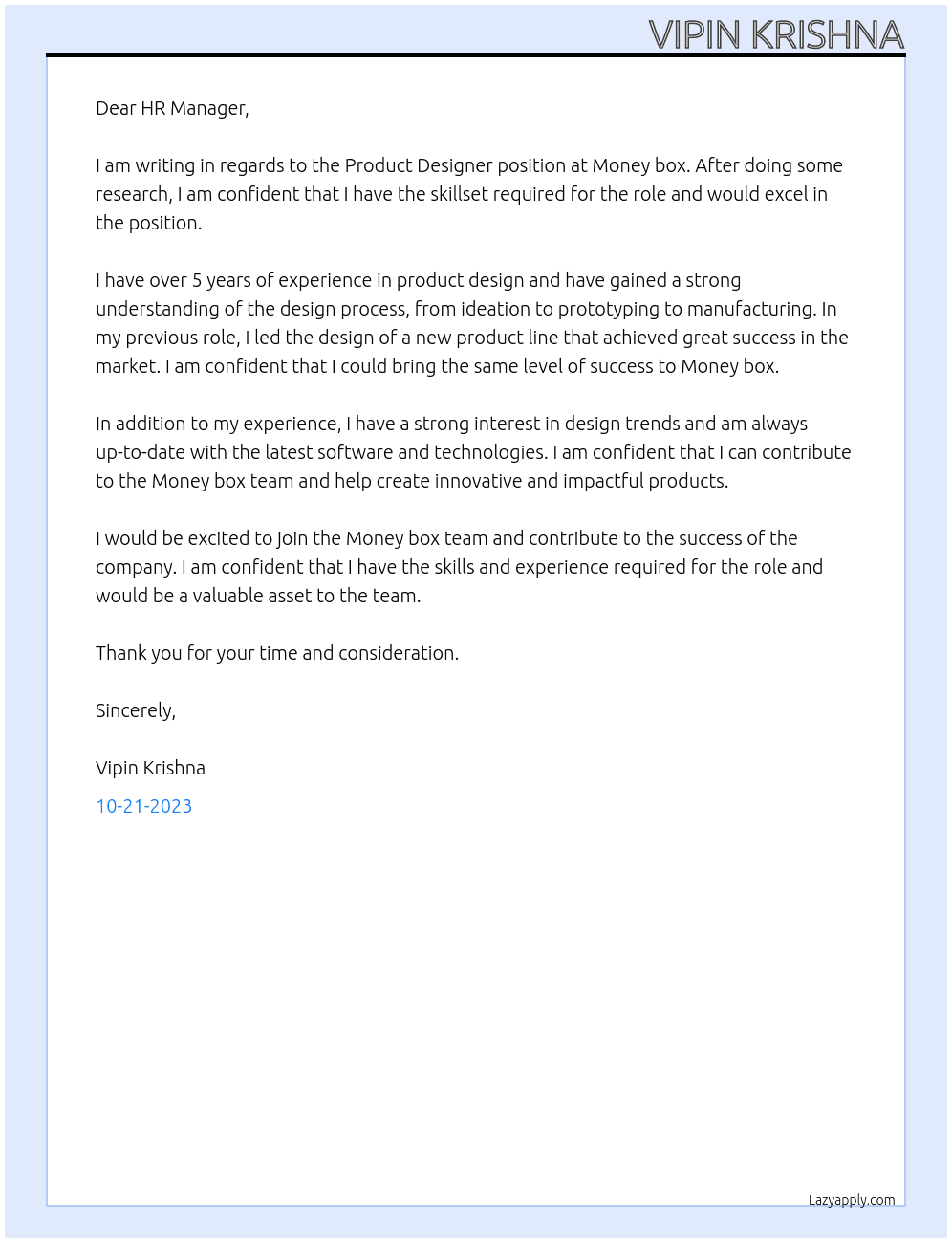 Product Designer At Money box Cover Letter