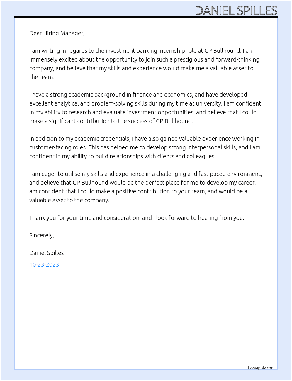 Investment Banker At GP Bullhound Cover Letter