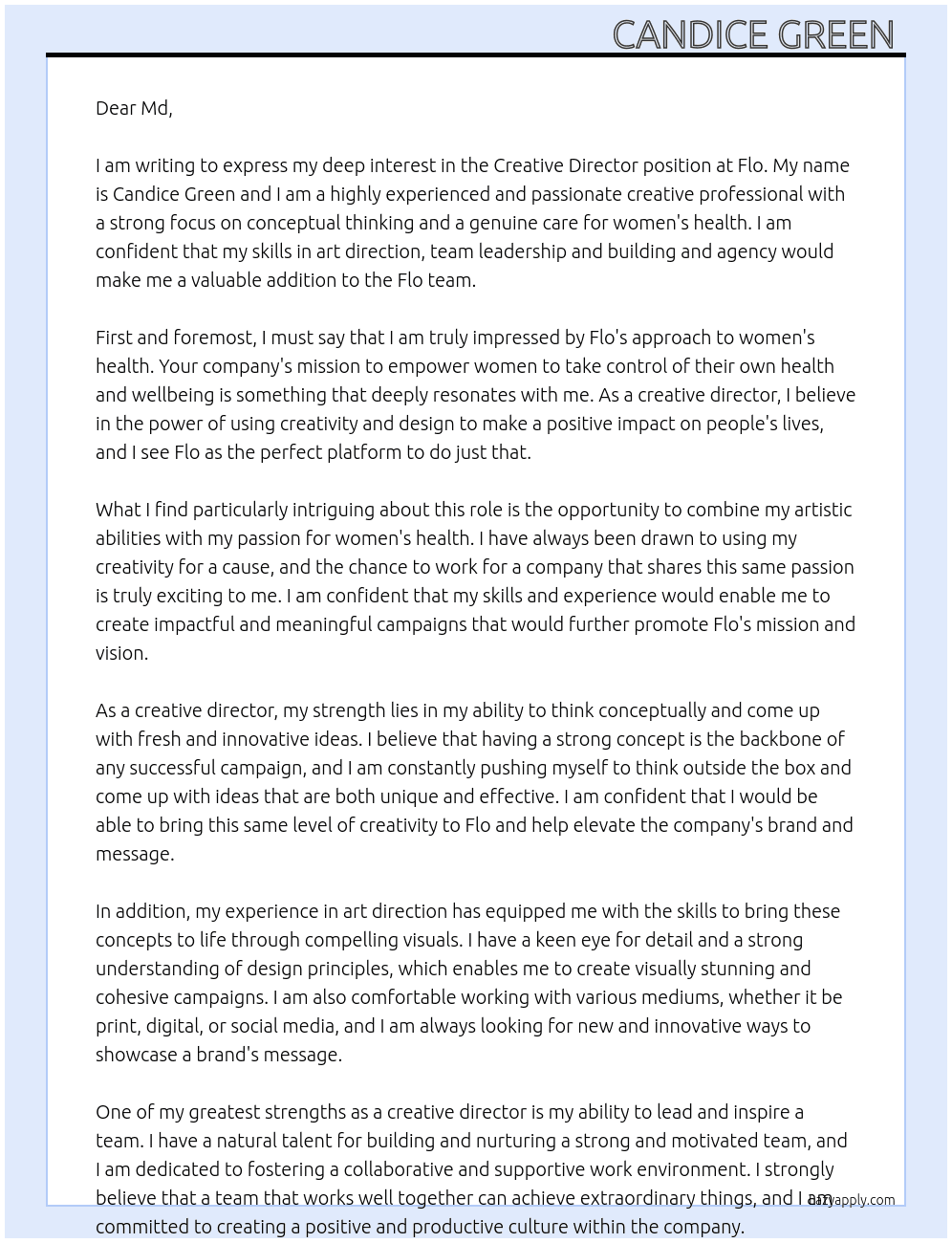 Creative director At Flo  Cover Letter