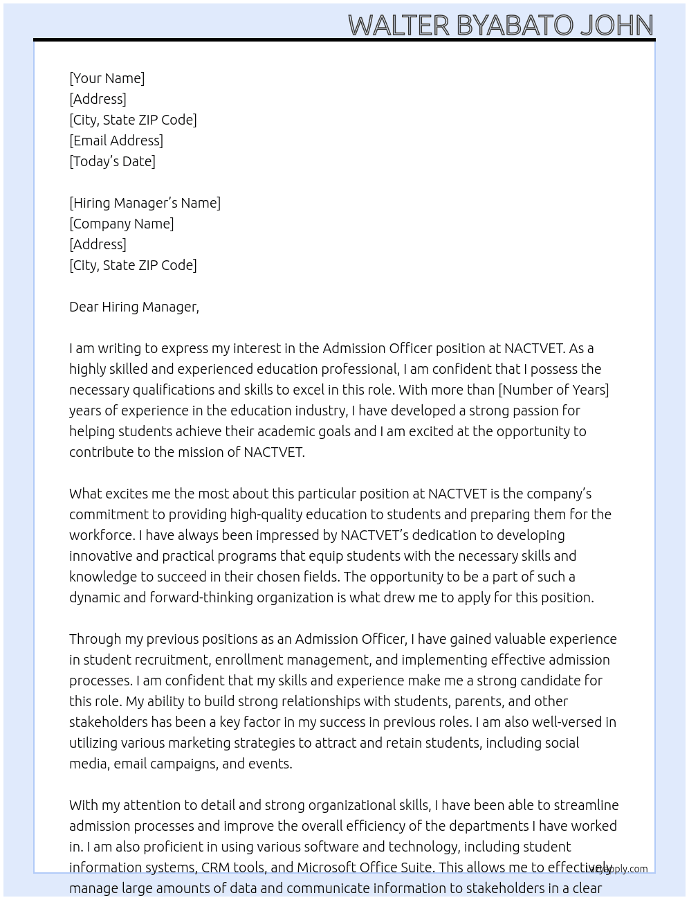 Admission officer At NACTVET Cover Letter