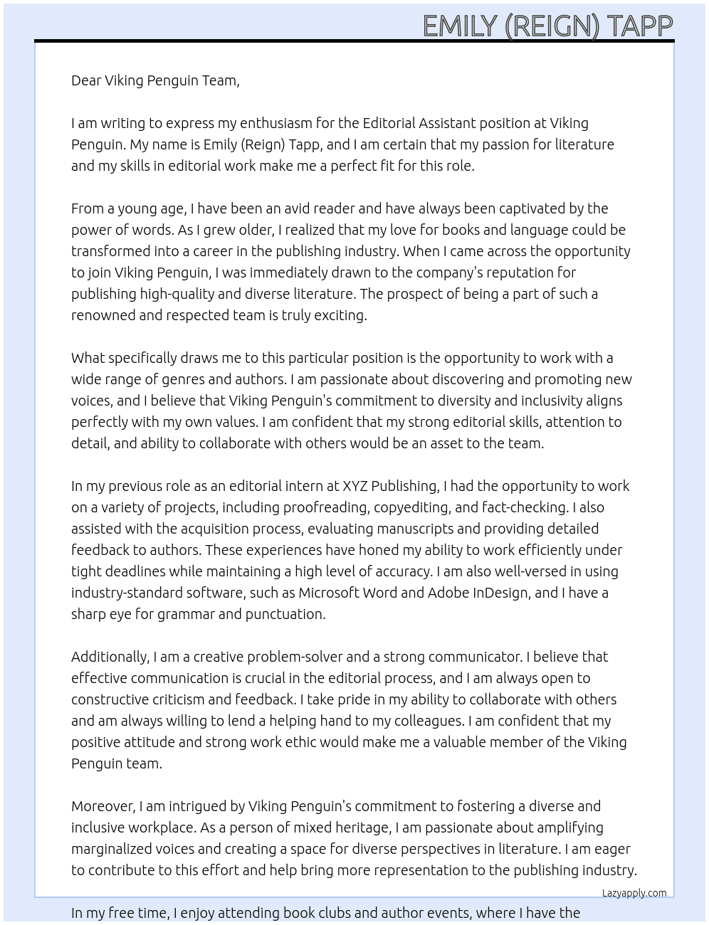 Editorial Assistant At Viking Penguin Cover Letter
