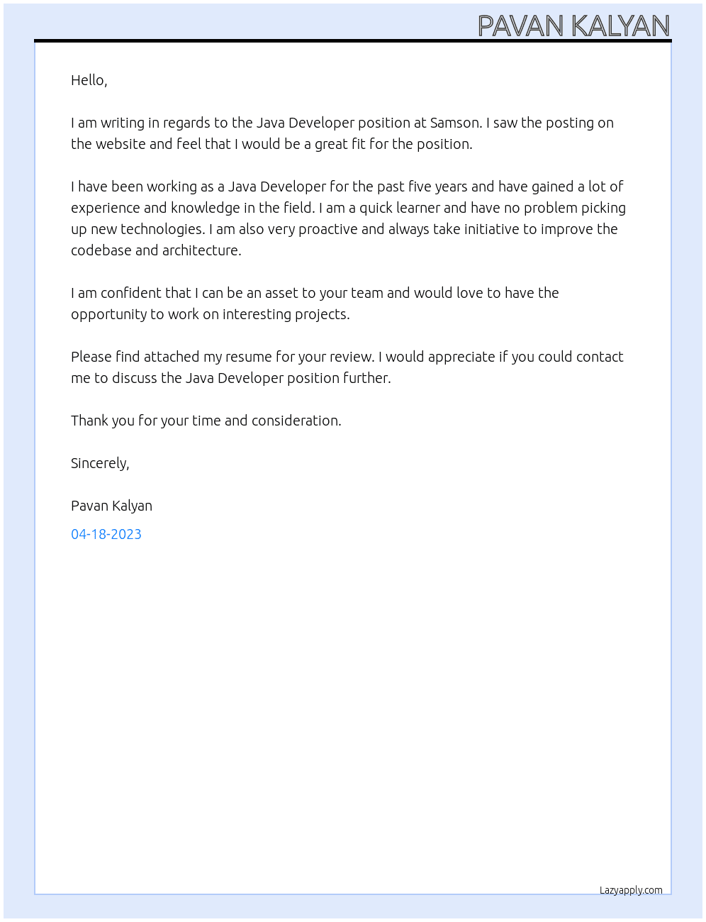 Java Developer At Samson Cover Letter