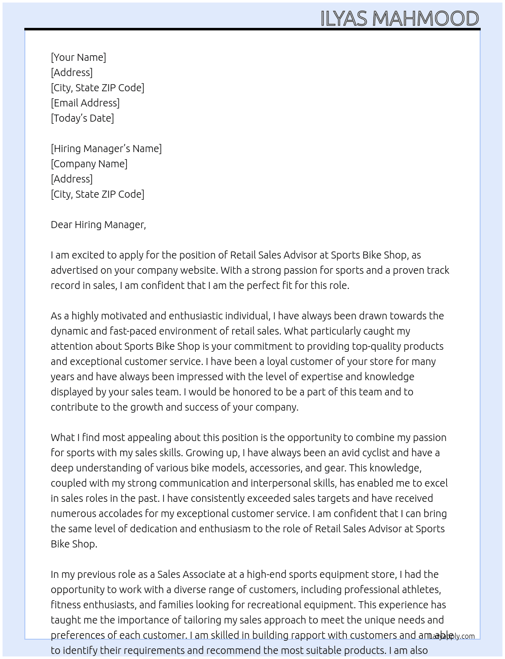 Retail sales advisor  At Sports bike shop Cover Letter