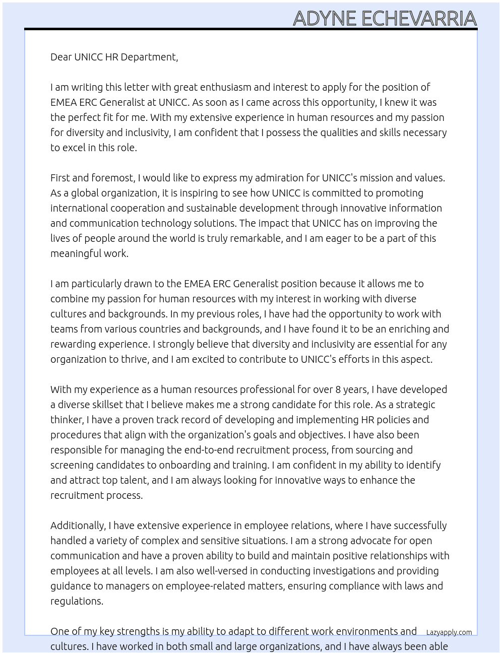 EMEA ERC Generalist At UNICC Cover Letter