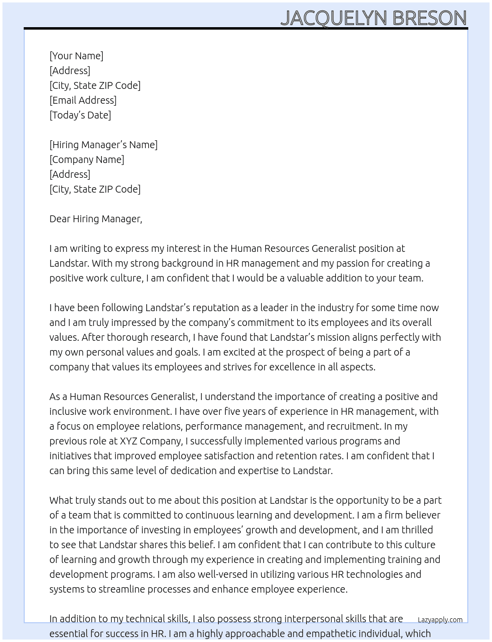 Human Resources Generalist  At Landstar Cover Letter
