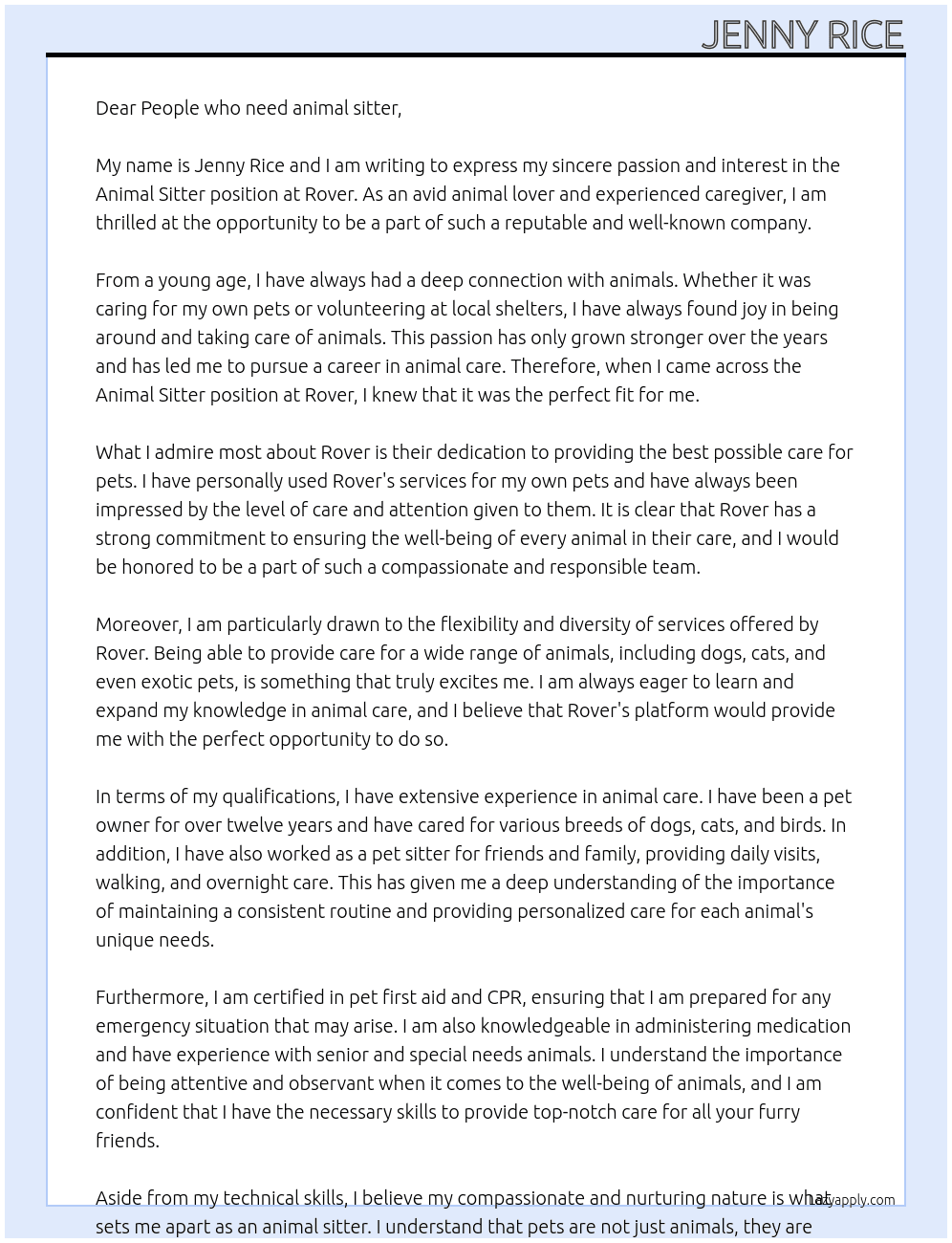 Animal sitter At Rover Cover Letter