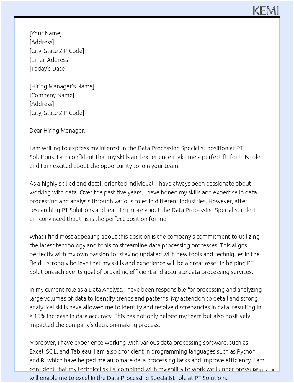 Data Processing Specialist  At PT Solutions  Cover Letter