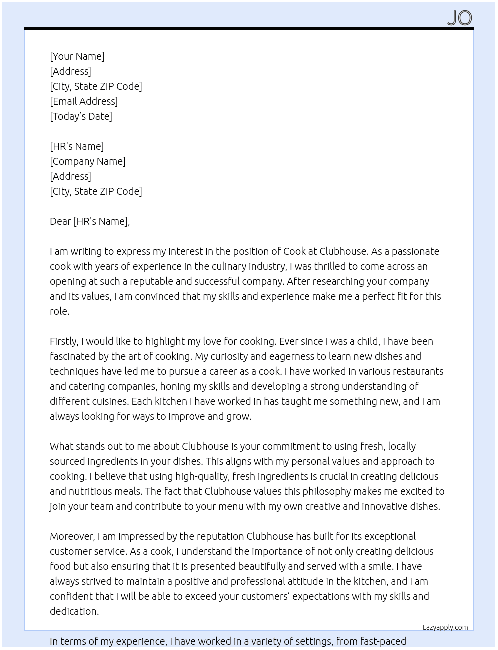 cook At clubhouse Cover Letter