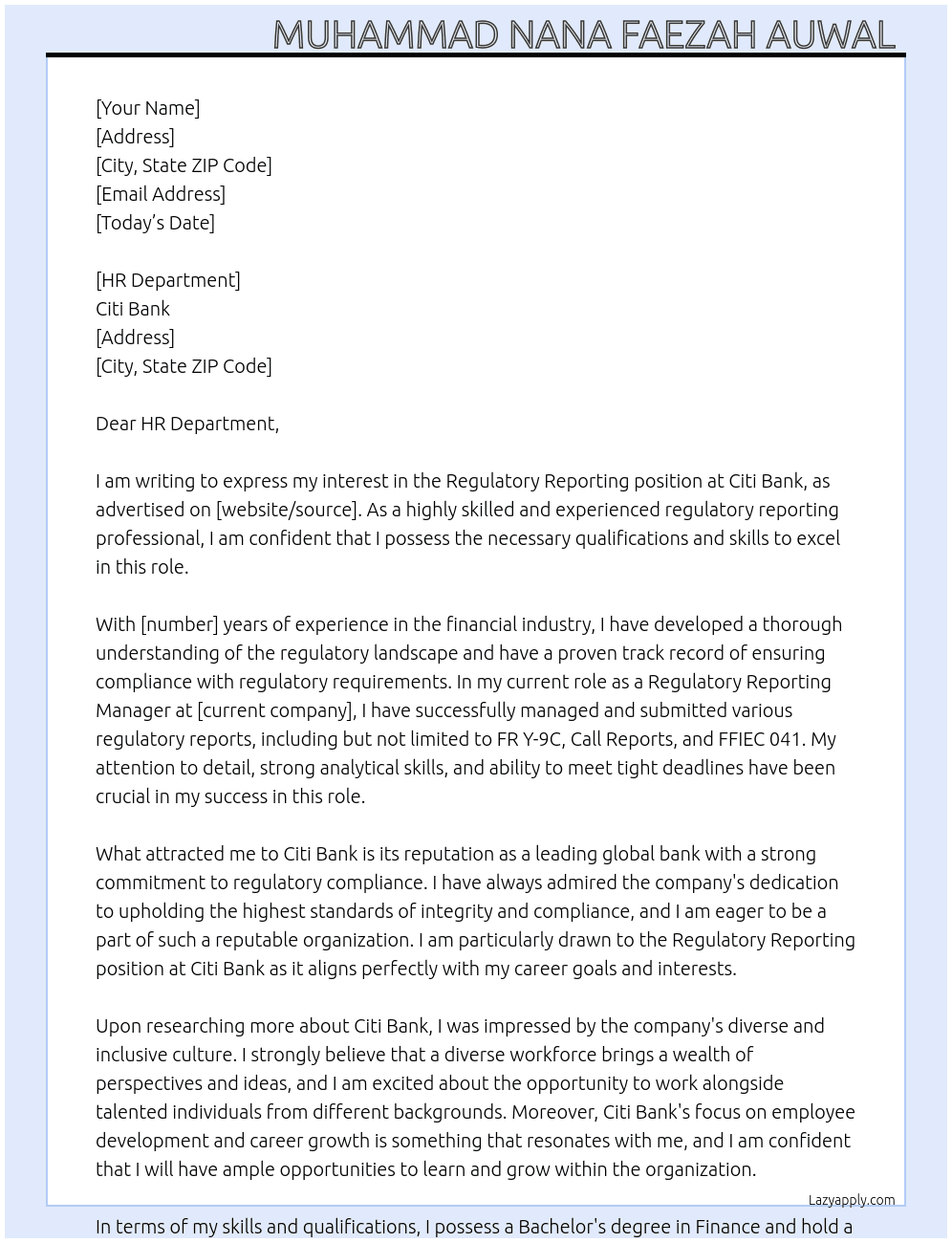 Regulatory reporting  At Citi bank  Cover Letter