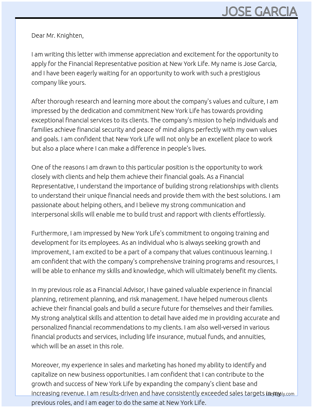 Financial Rep At New York Life Cover Letter