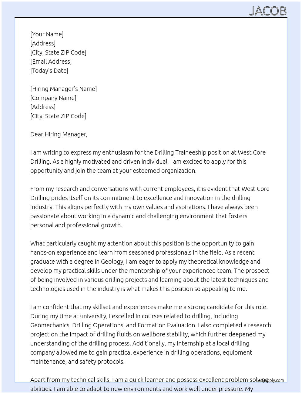 Drilling traineeship At West core drilling Cover Letter