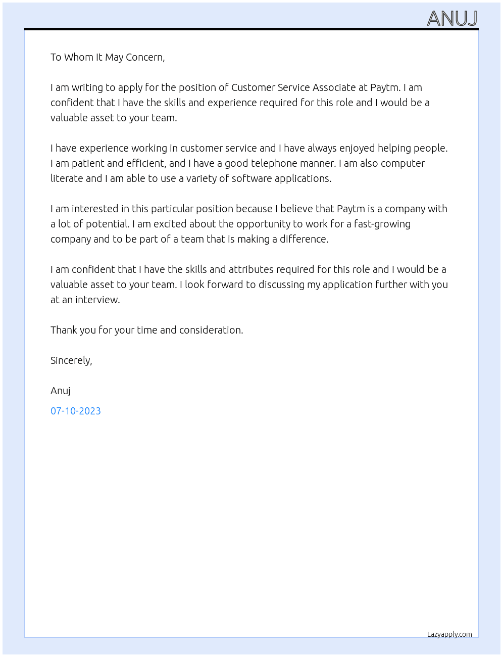 Customer Service Associate  At Paytm Cover Letter