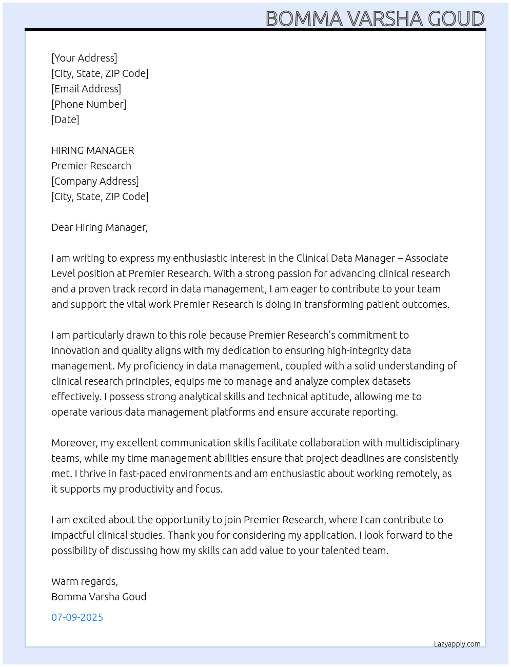 Clinical Data Manager – Associate Level At Premier Research Cover Letter