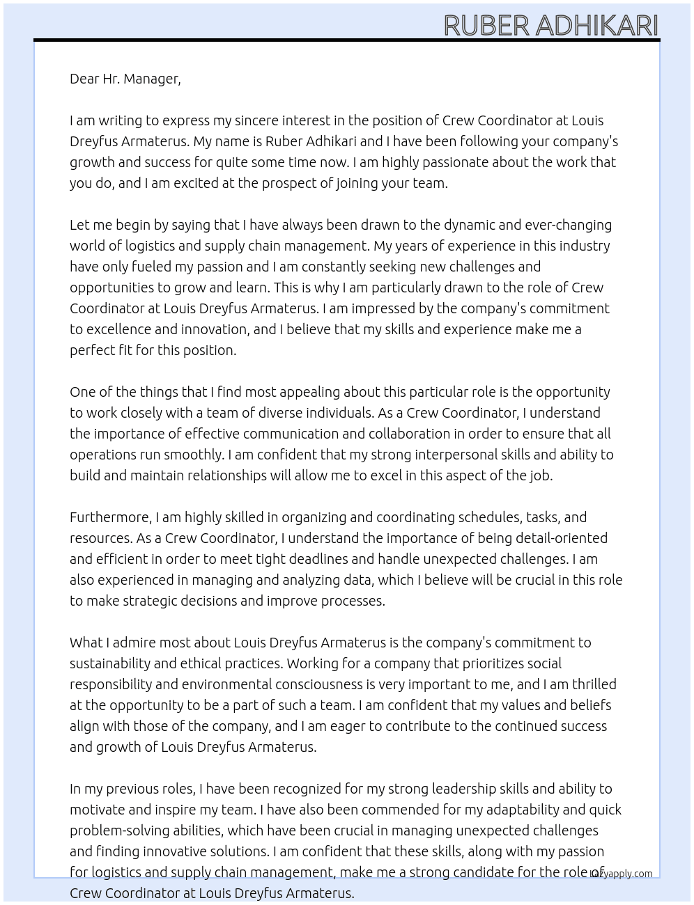 Crew Coordinator At Louis Dreyfus Armaterus Cover Letter