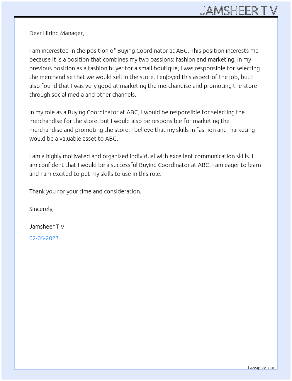 Buying Coordinator At ABC Cover Letter