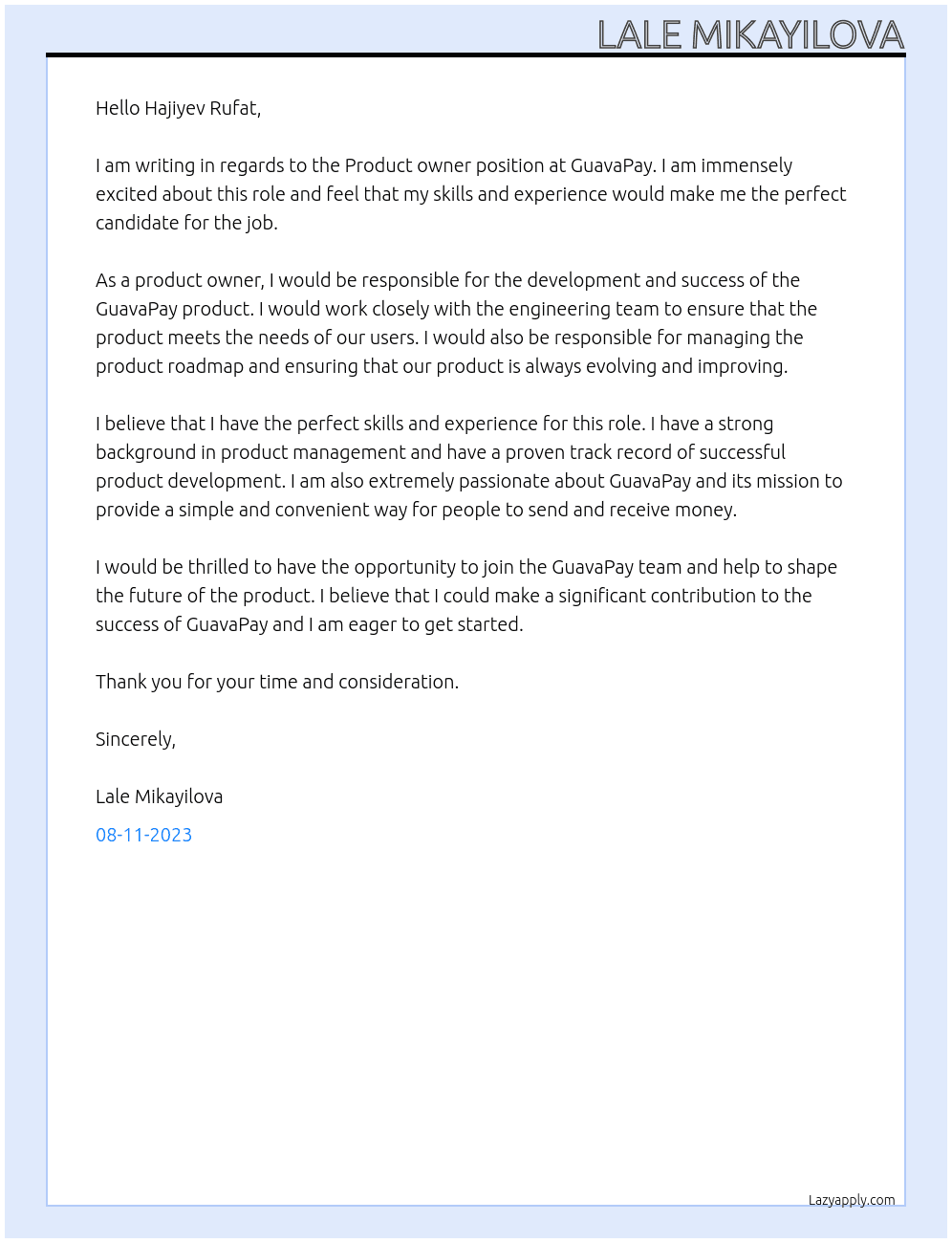 Product owner At GuavaPay Cover Letter