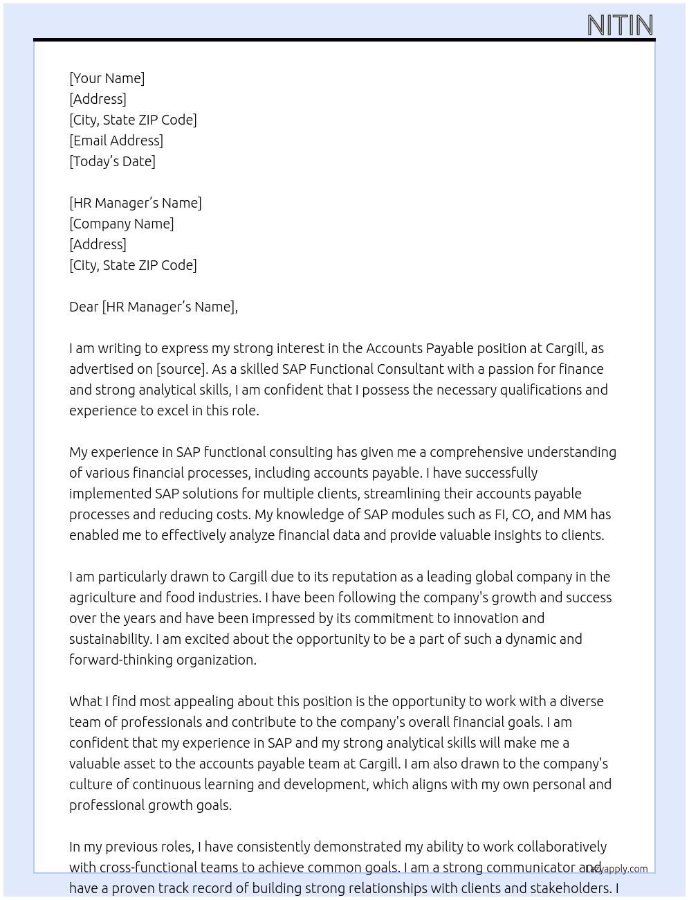 Accounts payable At Cargill  Cover Letter
