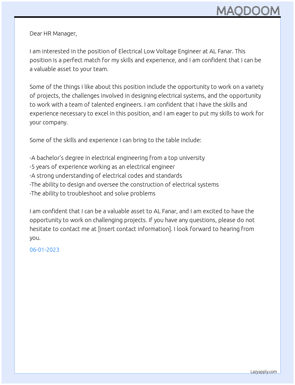 ELECTRICAL LOW VOLTAGE ENGINEER At AL FANAR Cover Letter