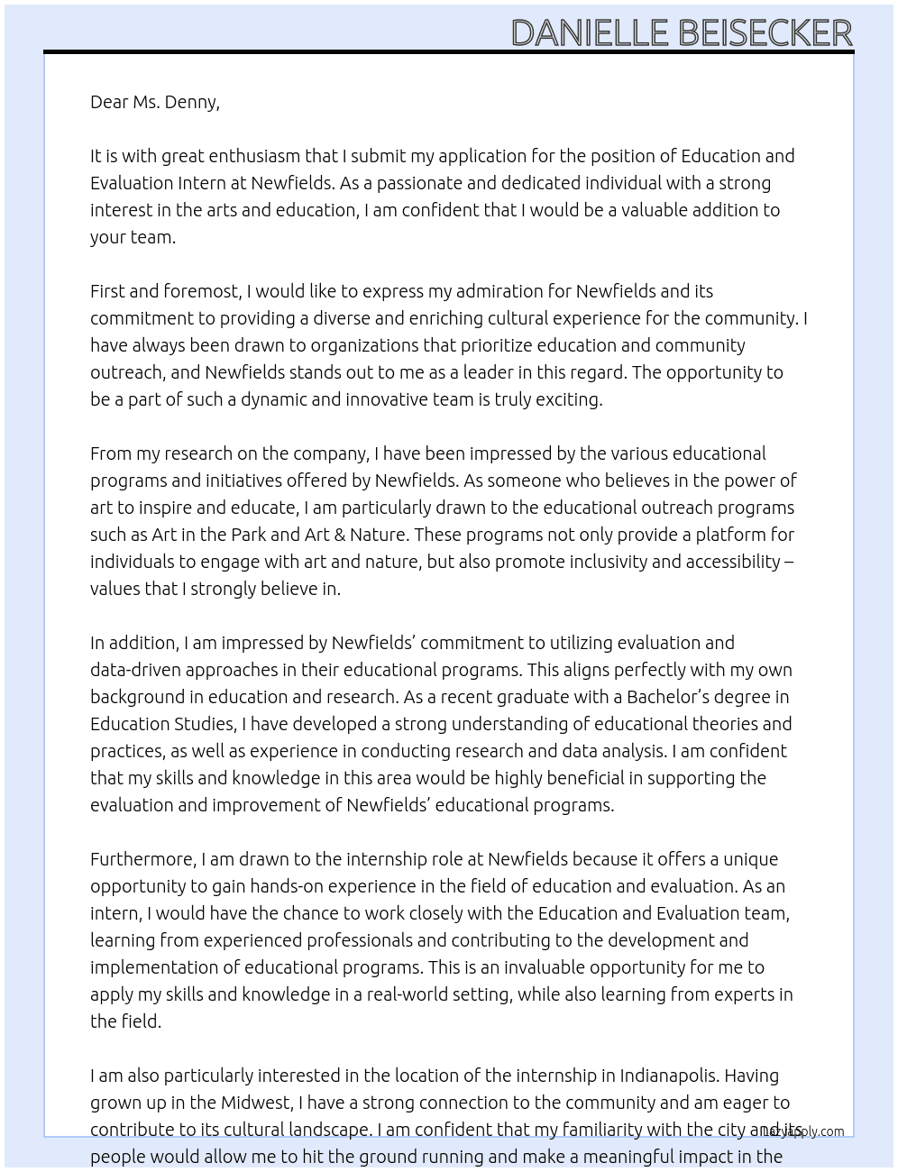 Education and Evaluation Intern At Newfields Cover Letter
