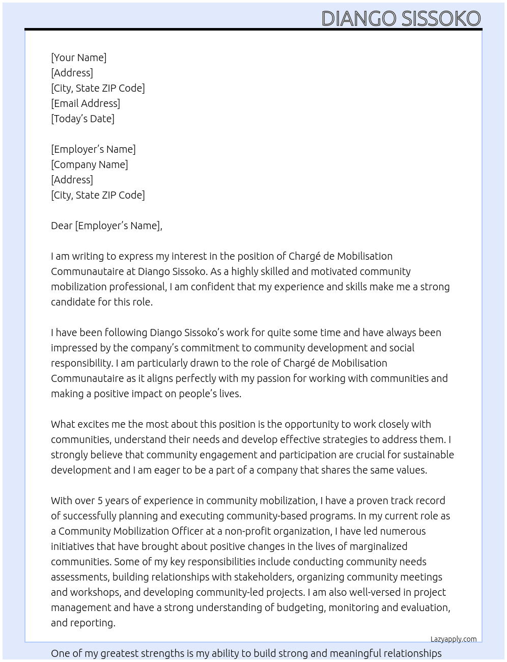 chargé de mobilisation communautaire At Diango Sissoko Cover Letter
