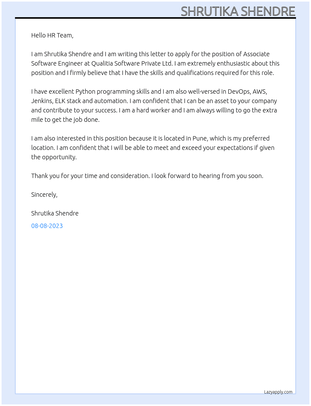 Assosiate software engineer At Qualitia Software Private ltd Cover Letter
