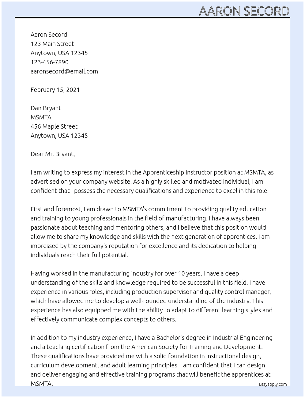 Apprenticeship Instructor At MSMTA Cover Letter