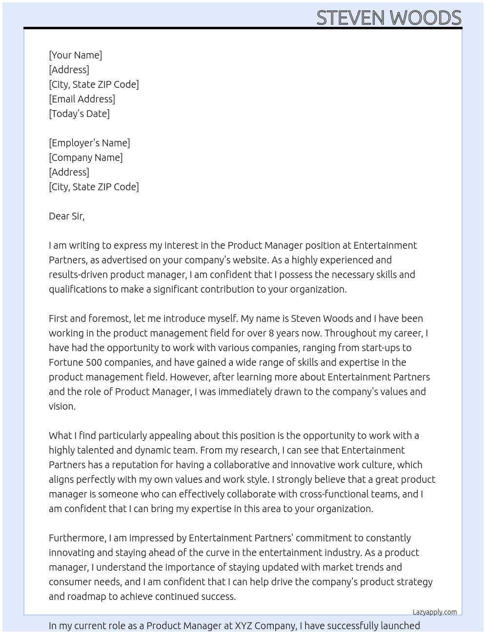 Product Manager At Entertainment Partners Cover Letter