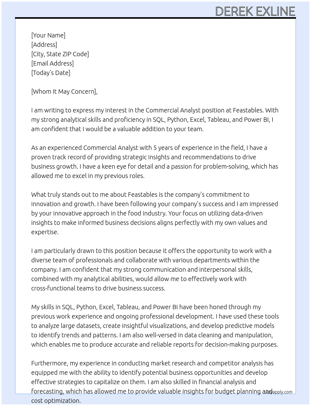 Commercial Analyst At Feastables Cover Letter