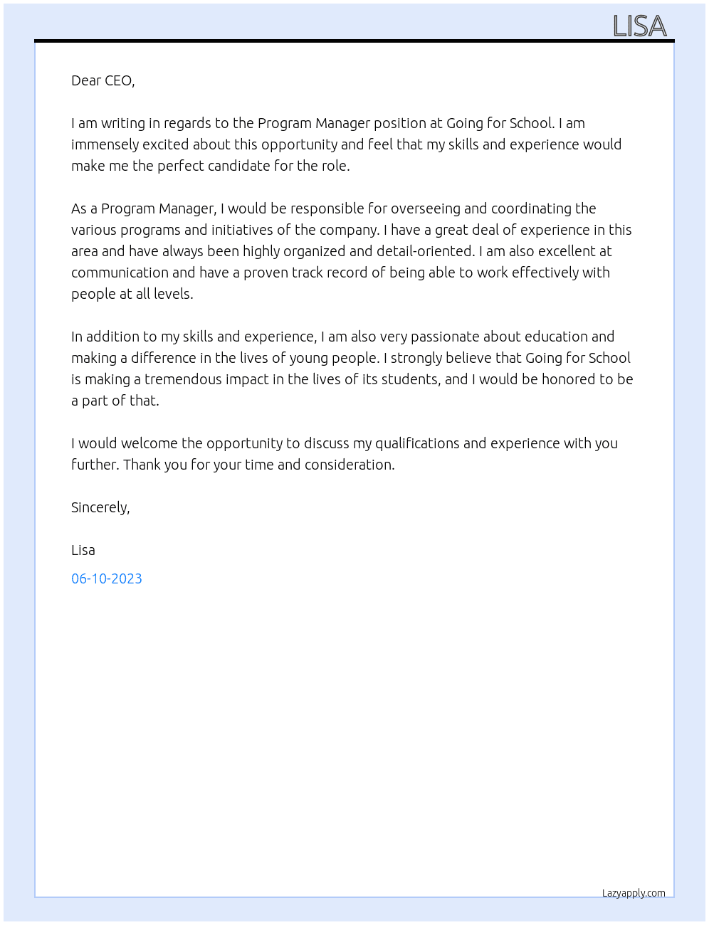 Program manager  At Going for school Cover Letter