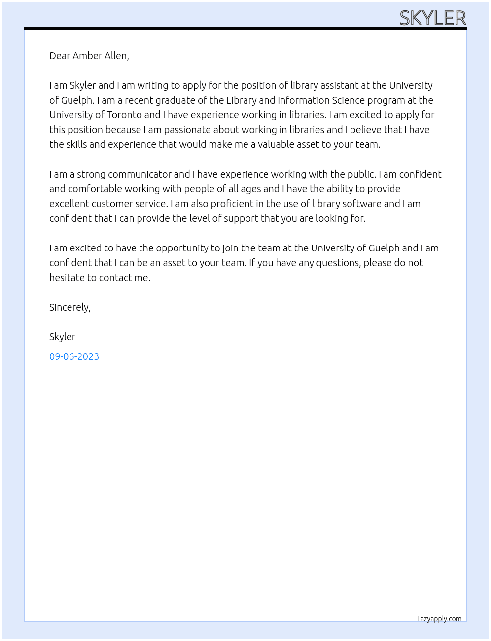 Library assistant At University of Guelph Cover Letter