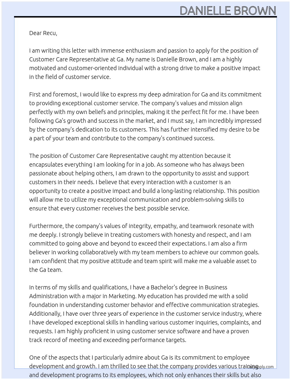 Custome care representative  At Ga Cover Letter