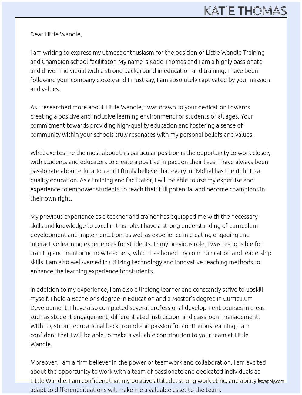 of Little Wandle Training and Champion school facilitator At Little Wandle Cover Letter