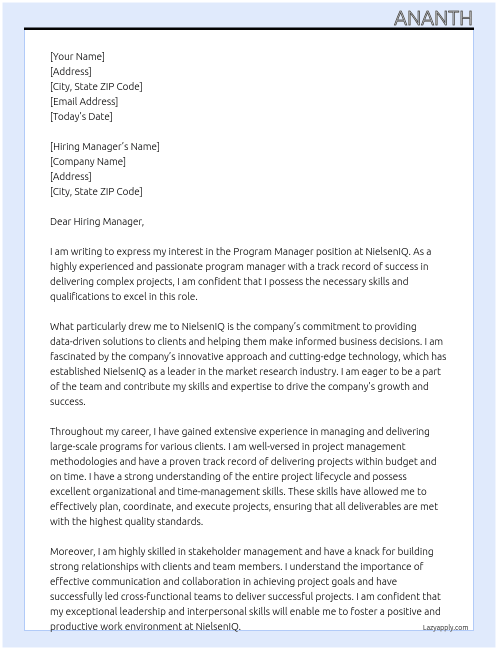 Program Manager At NielsenIQ Cover Letter