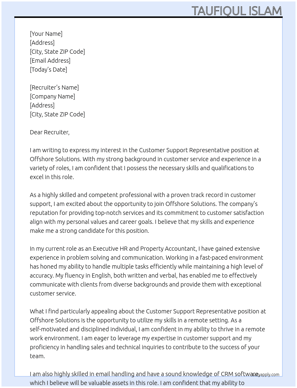 Customer Support Representative At Offshore Solutions Cover Letter